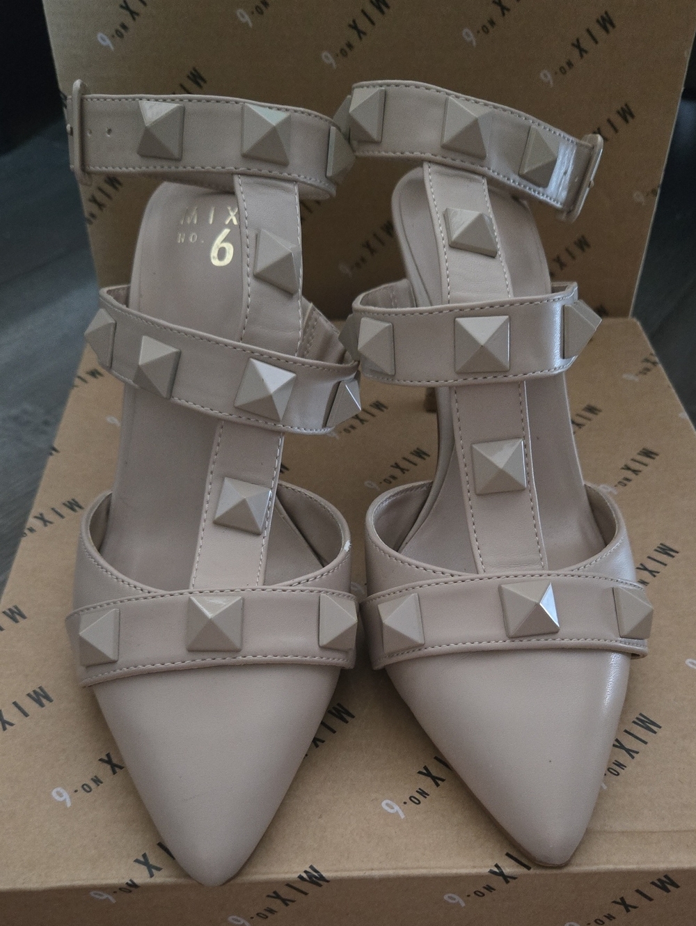 Mix No. 6 Nude Taupe Pyramid-Stud Pointed-Toe Ankle-Strap Heels